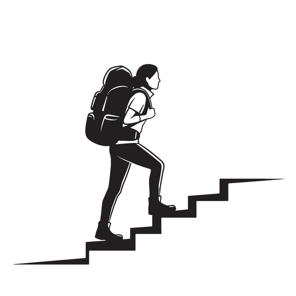 Silhouette of hiker climbing steps symbolizing journey progress success and achievement vector