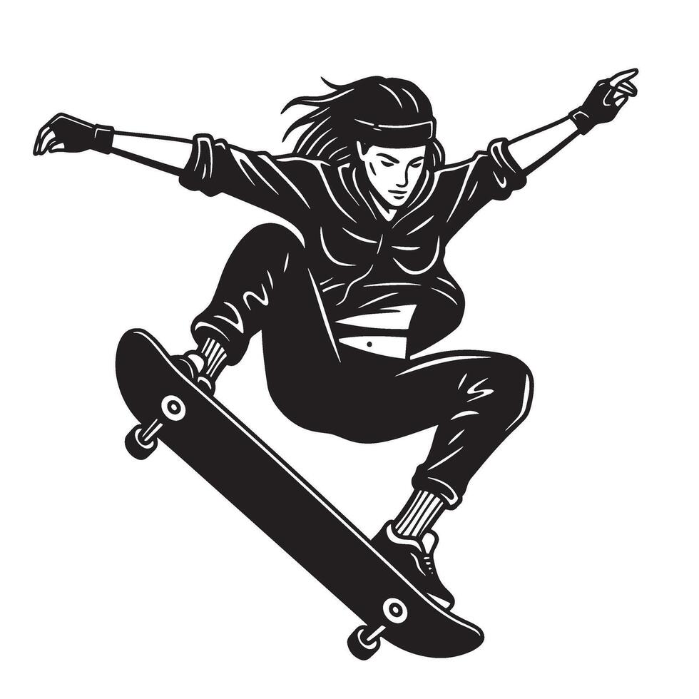 Silhouette of a female skateboarder performing an aerial trick isolated on white vector
