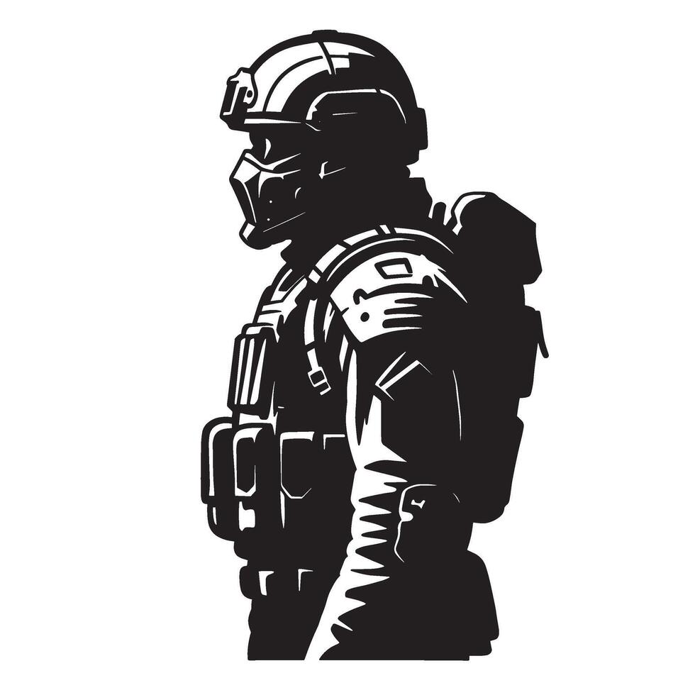 Silhouette illustration of a tactical soldier prepared for combat in modern warfare vector