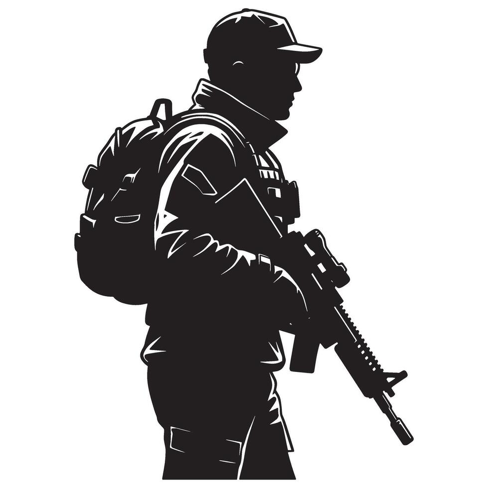 Silhouette of a modern soldier with assault rifle and backpack against a white background vector