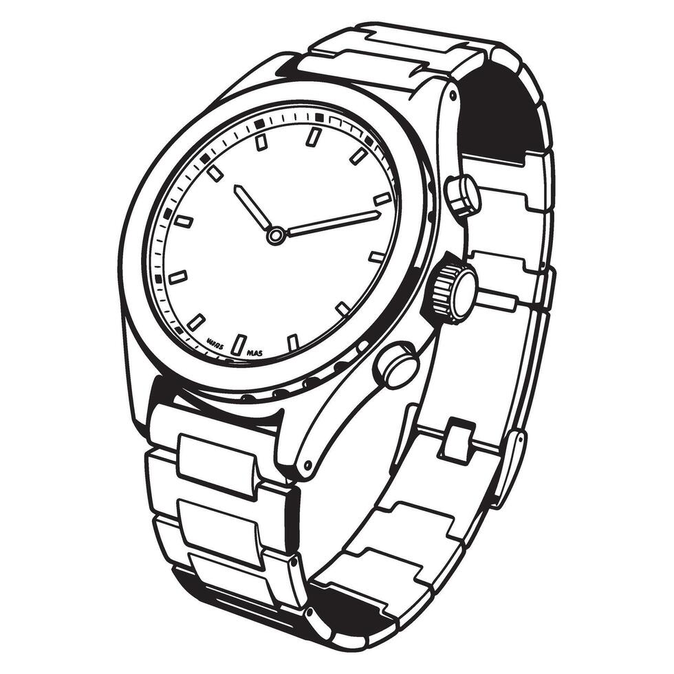 Detailed black and white illustration of a classic analog wristwatch isolated on white background vector
