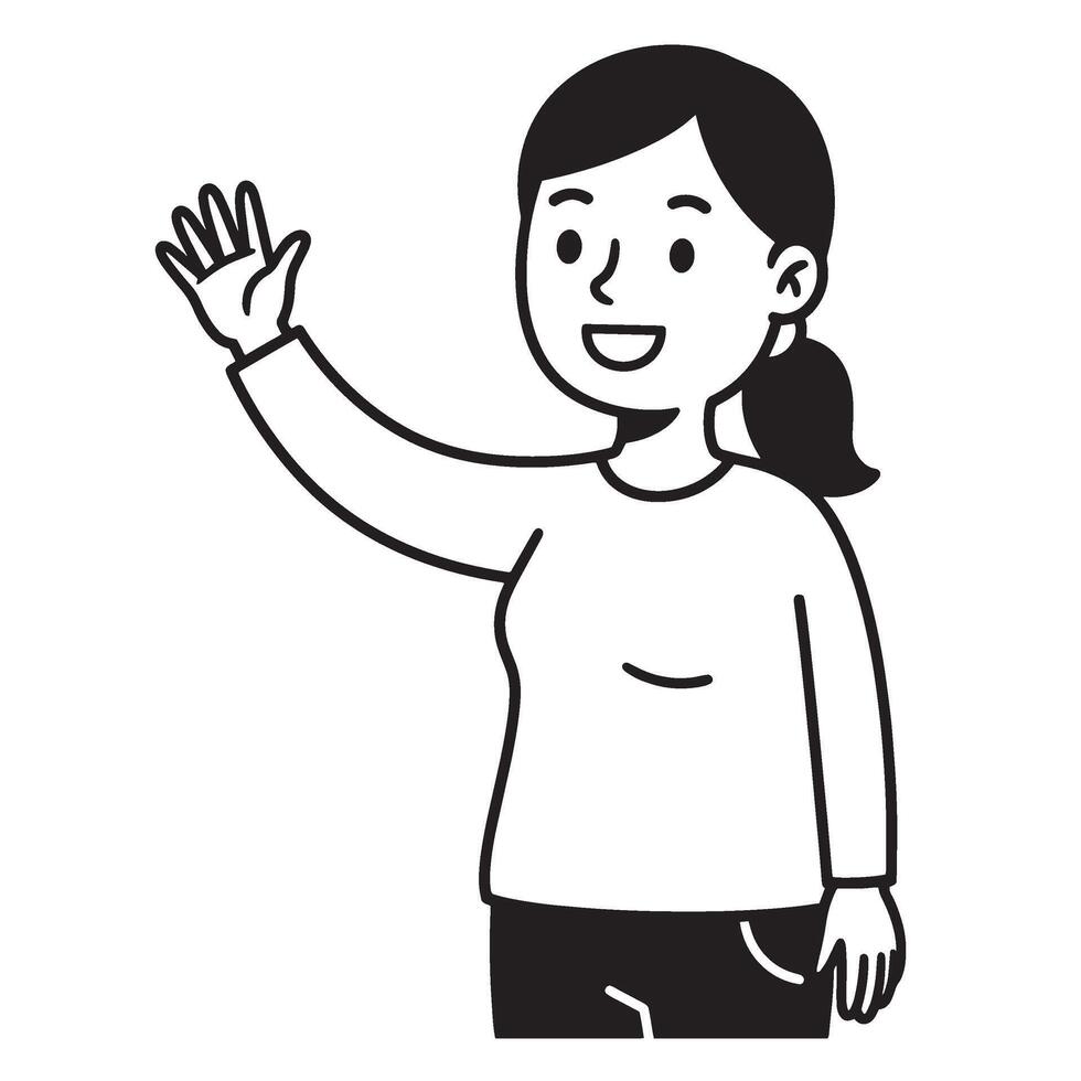 Smiling woman waving hand in hello gesture simple minimalist black and white illustration vector