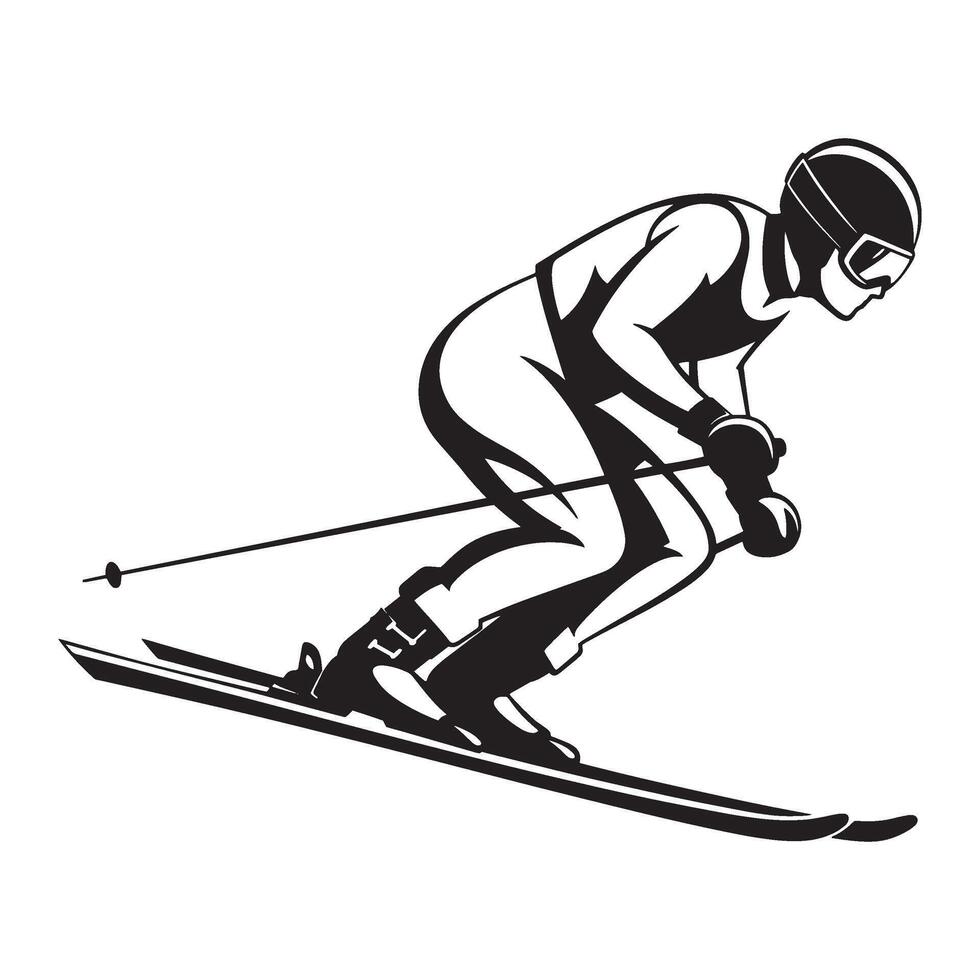 Silhouette of a skier in action carving downhill on snow with ski poles and helmet vector