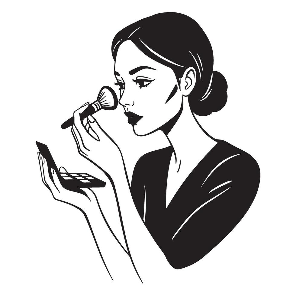 Elegant woman applying makeup using a brush and a compact powder illustration in black and white vector