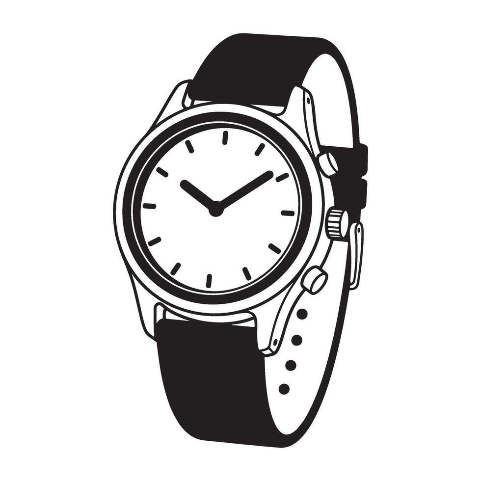 Simple black and white illustration of a classic wristwatch with leather strap on white background vector