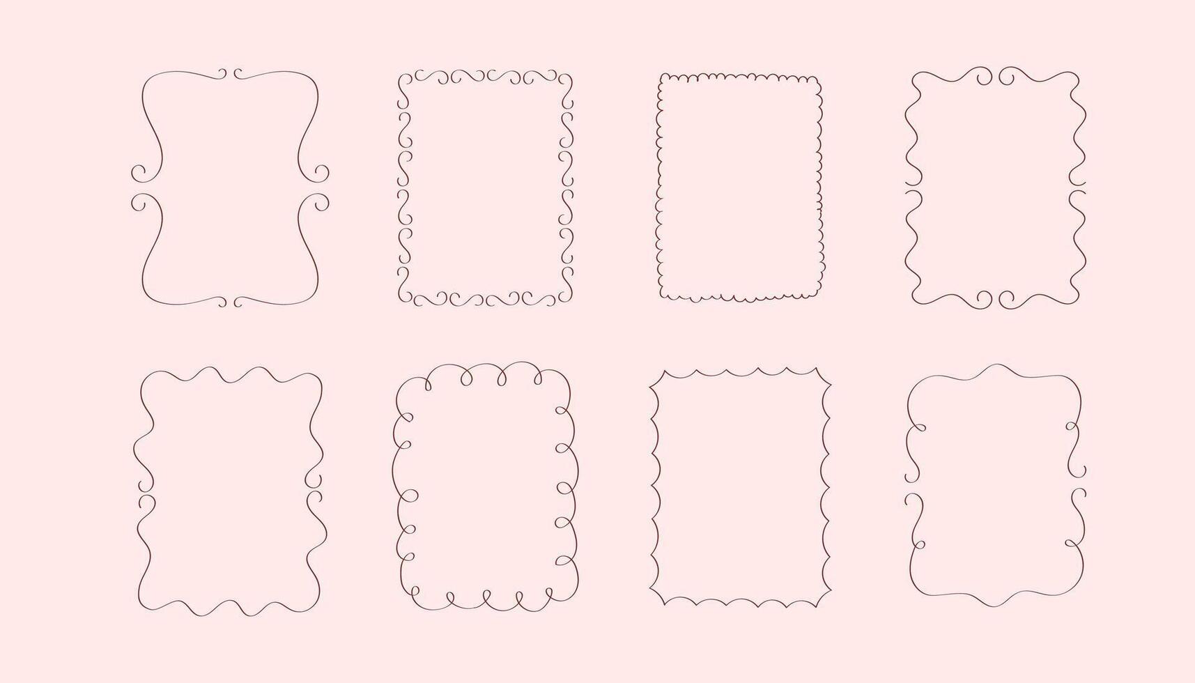 Doodle hand drawn frames with hearts, wavy lines, bows and ribbons. Coquette retro set. Trendy vintage whimsical borders for wedding invitations, birthday card, prints. modern illustration. vector