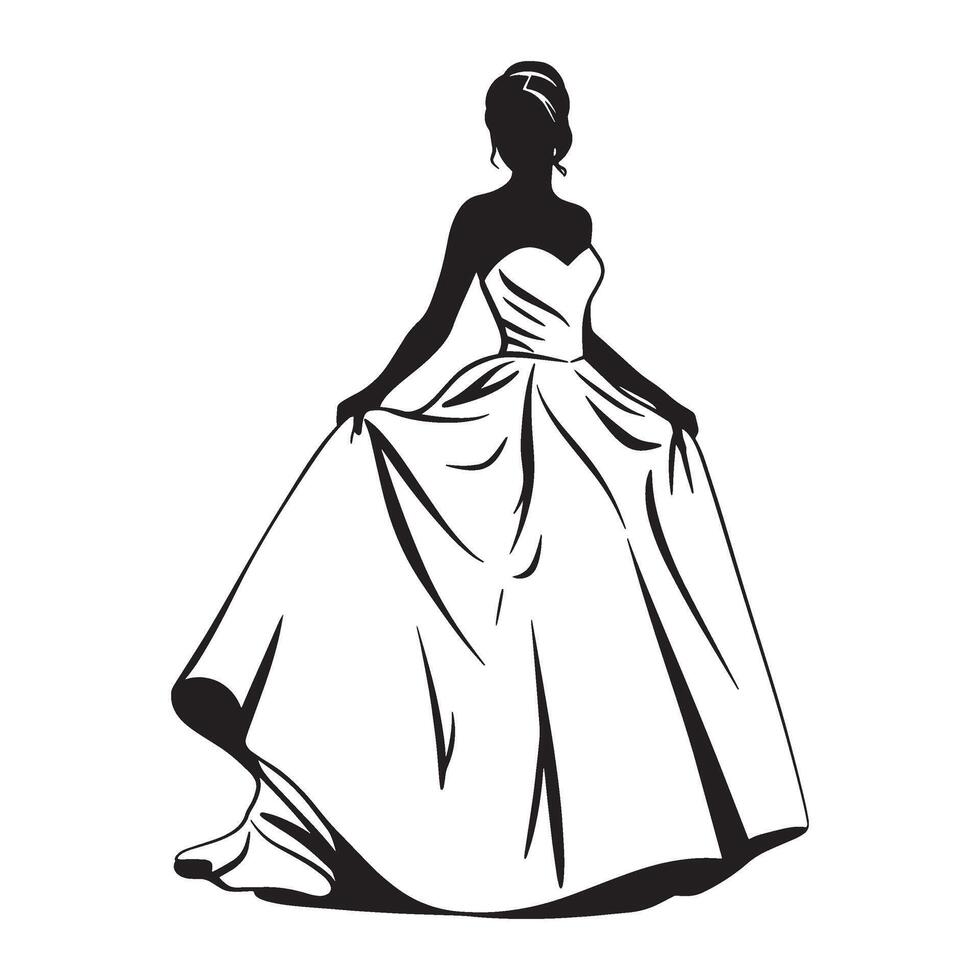 Elegant silhouette of a bride in a flowing wedding gown isolated on white background vector