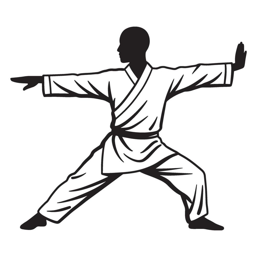 Silhouette of martial artist in uniform practicing a karate or kung fu stance on white vector