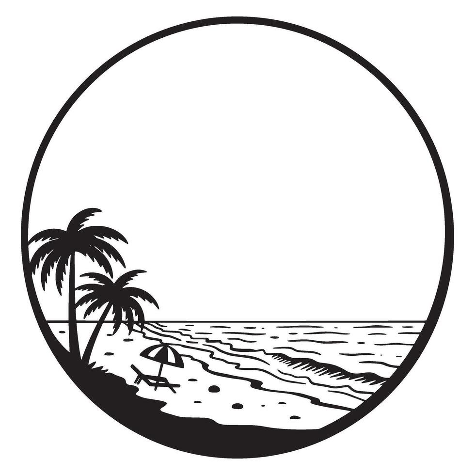 Black and white beach scene enclosed in a circle with palm trees and ocean waves vector