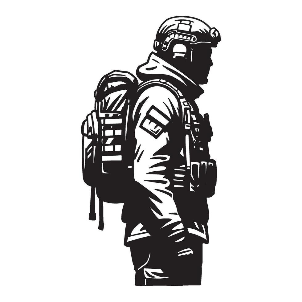 Silhouette of a soldier with a backpack and helmet in tactical gear illustration vector