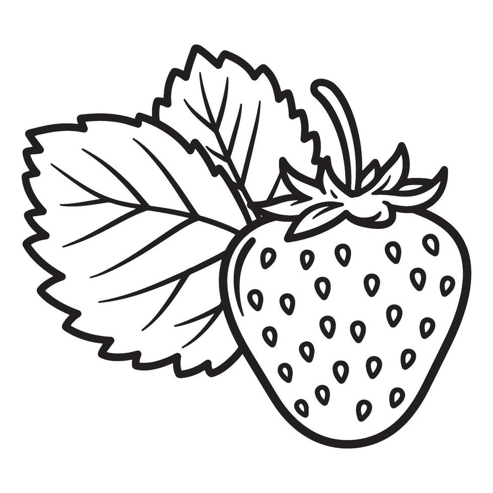 Simple black and white illustration of a fresh strawberry with leaves for design vector