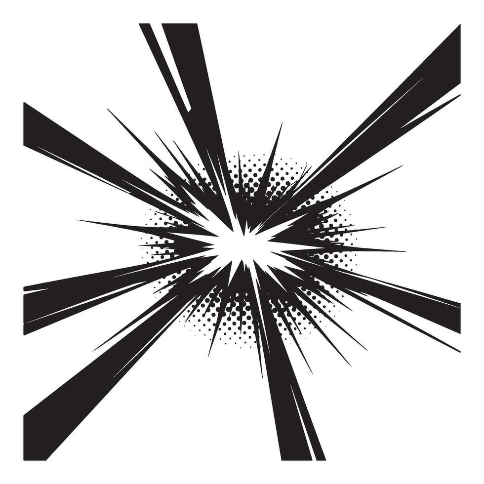 Black and white comic book explosion graphic with halftone and radial lines on white background vector