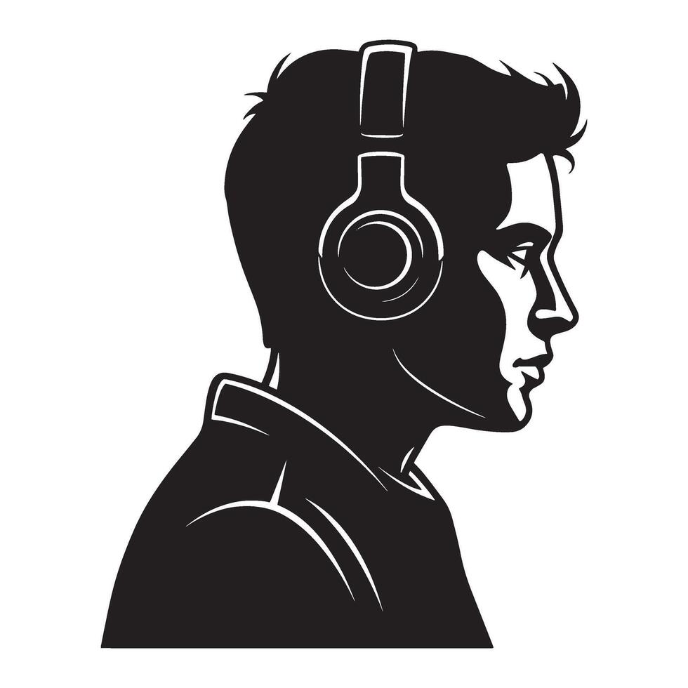 Silhouette of a man wearing headphones isolated on white background for music themes vector