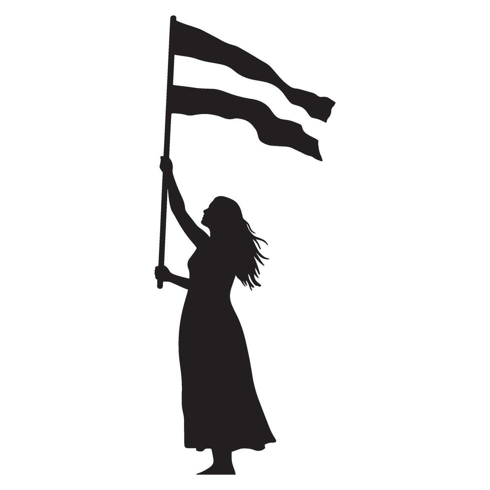 Silhouette of a woman holding a flag symbolizing freedom and activism or victory. vector