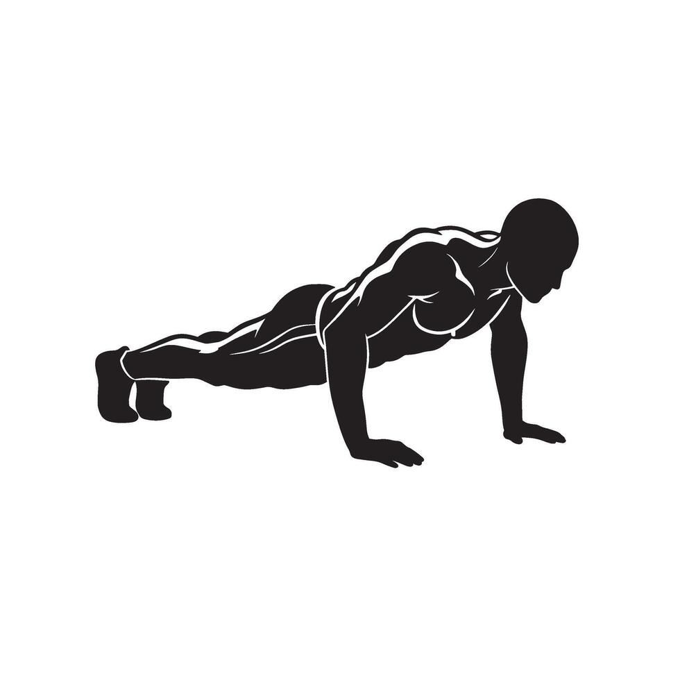 Silhouette of a muscular man performing push ups demonstrating strength and fitness vector