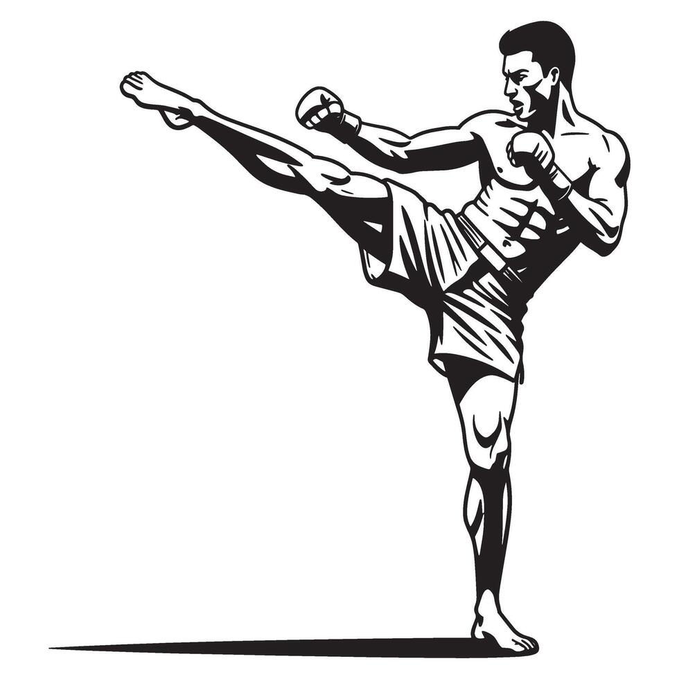 Silhouette of a muscular man performing a powerful high kick during martial arts training vector