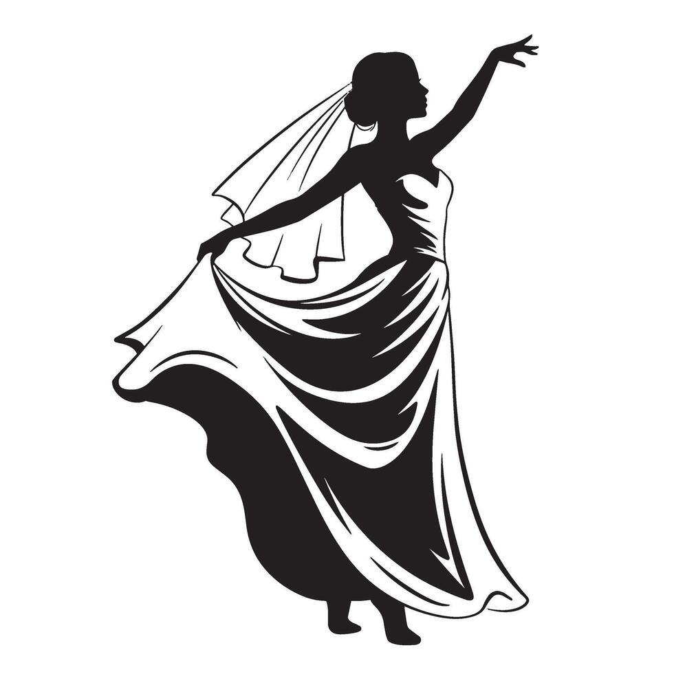 Elegant silhouette of a bride in a wedding gown with flowing dress and veil vector