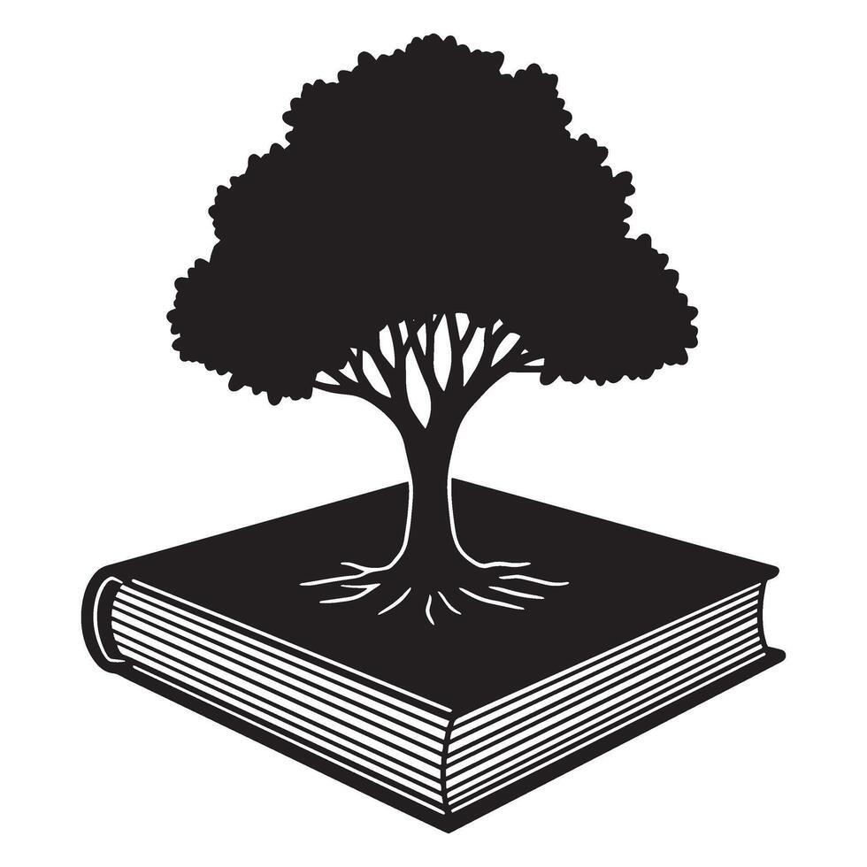 Black and white illustration of a tree growing from a book symbolizing knowledge vector