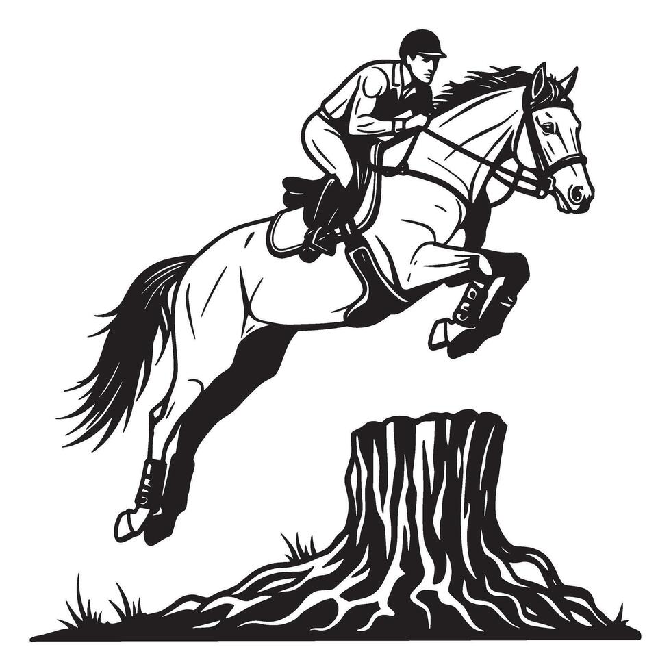 Equestrian athlete riding horse jumping obstacle monochrome illustration graphic design vector