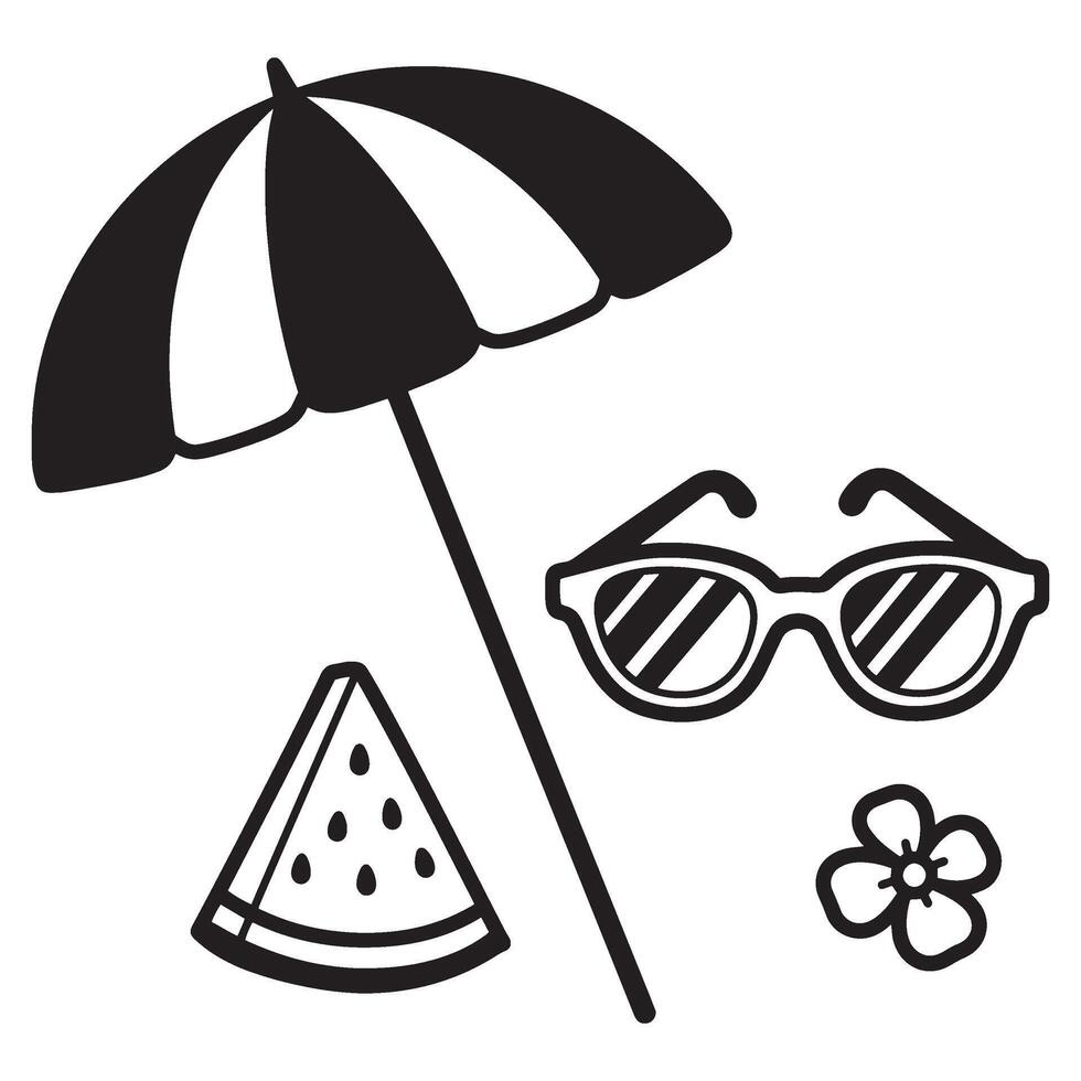 Summer vacation essentials illustrated in simple black and white outline with beach elements vector