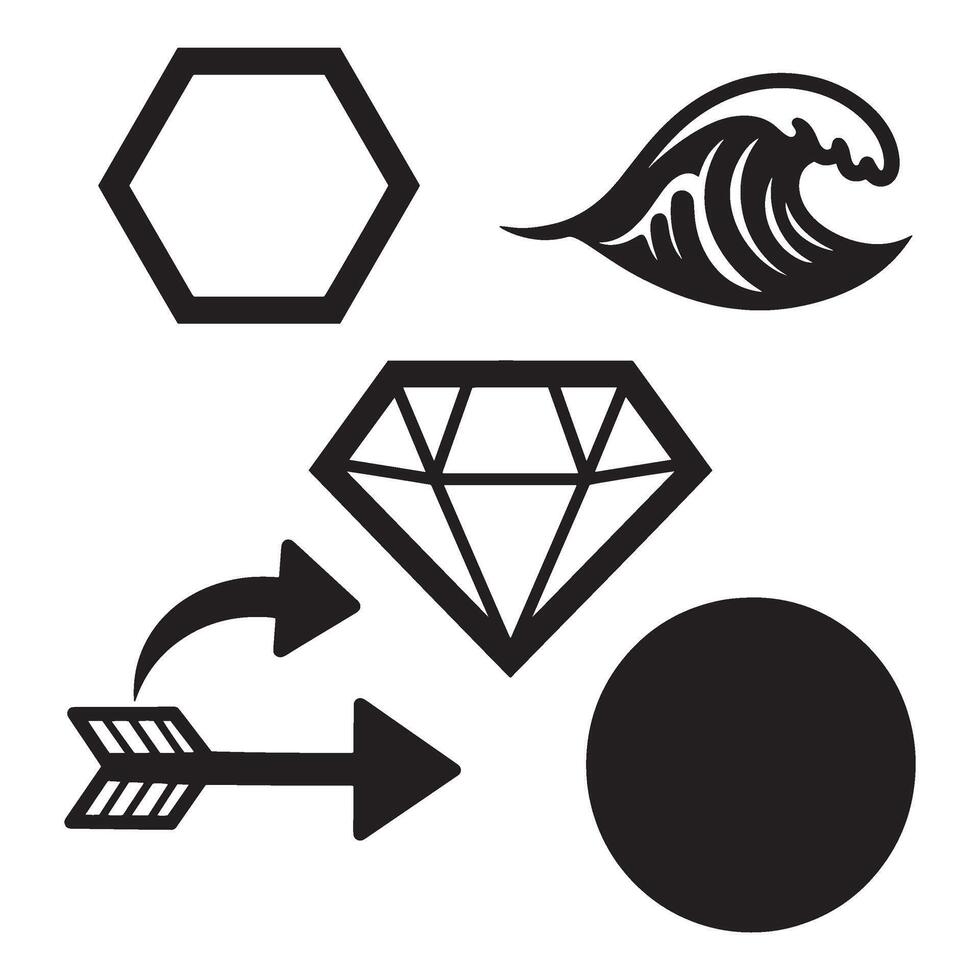 Simple black and white graphic elements including arrow wave diamond circle and hexagon vector