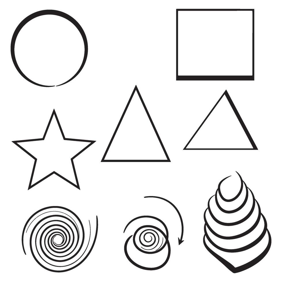 Black and white outlines of various geometric shapes and spiral elements on a white background vector