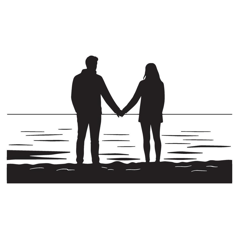 Silhouette of a couple holding hands on a beach facing the ocean and horizon vector