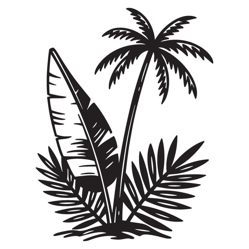 Black and white illustration of tropical plants palm tree and banana leaf vector
