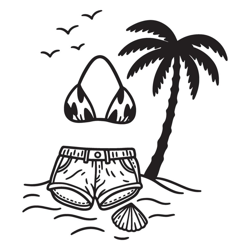 Black and white beach scene with swimsuit shorts palm tree and seashell icon vector