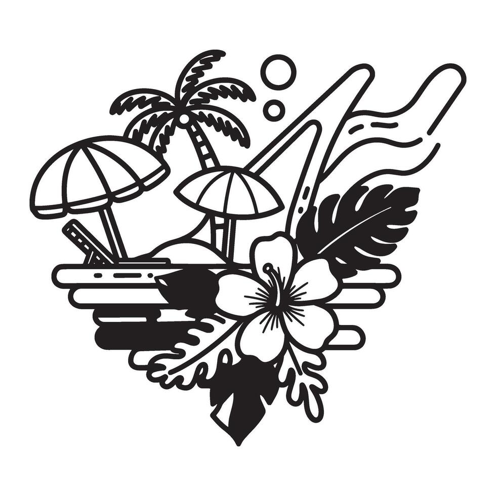 Black and white tropical beach scene with hibiscus flower and palm tree illustration vector