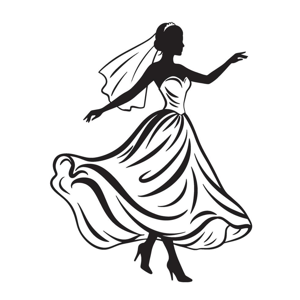 Elegant silhouette of a bride in a wedding dress with flowing gown and veil vector