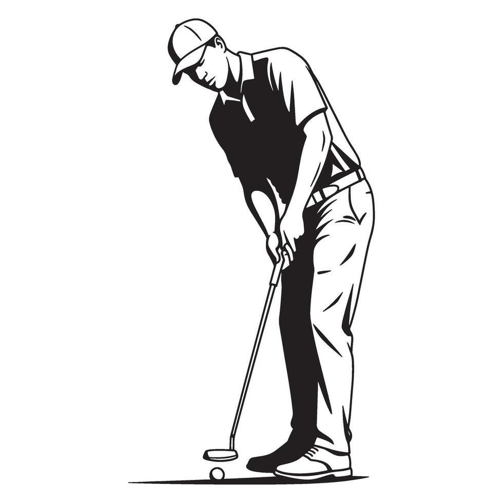 Silhouette of a golfer putting a golf ball on a green in black and white vector
