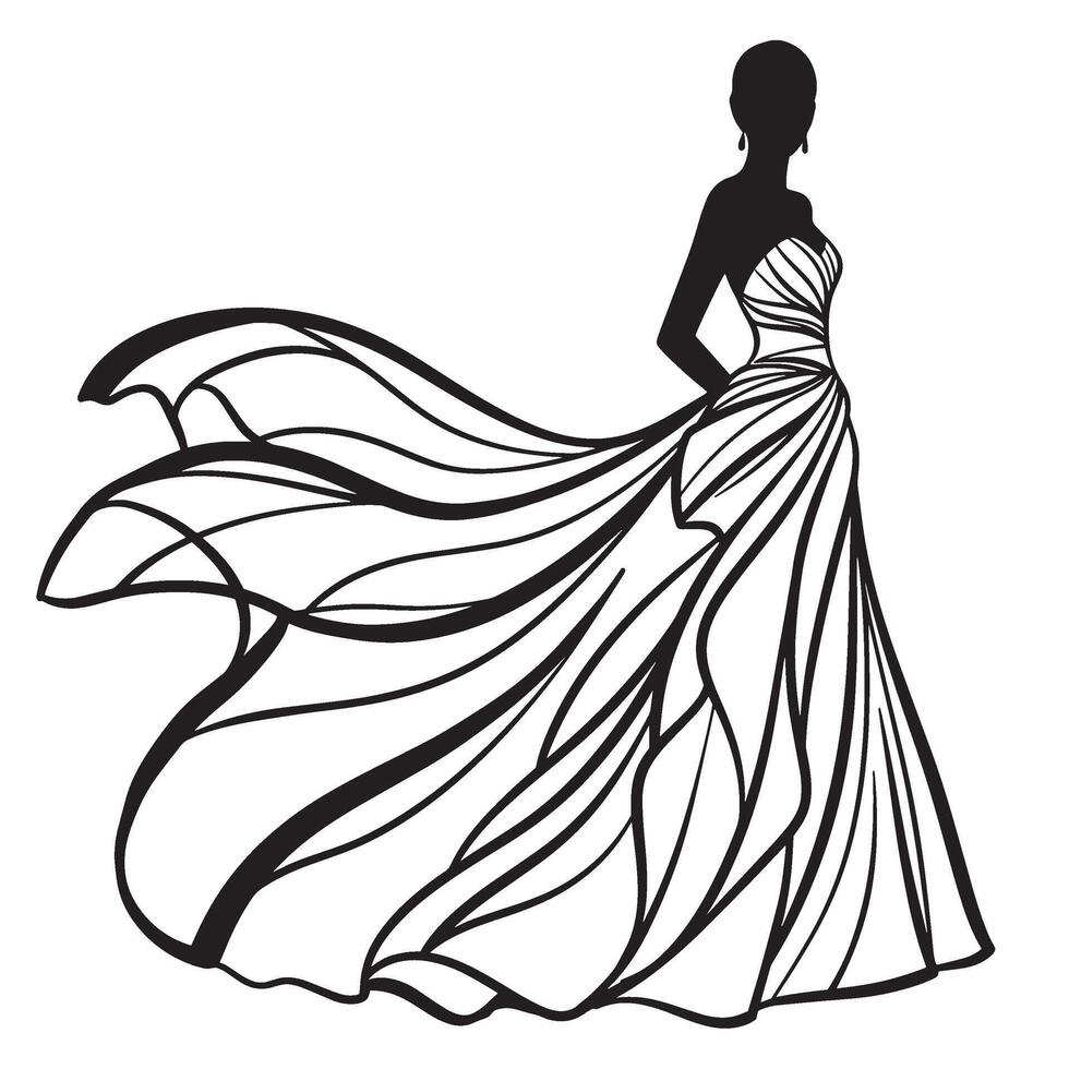 Elegant black and white silhouette illustration of a woman in a flowing gown vector