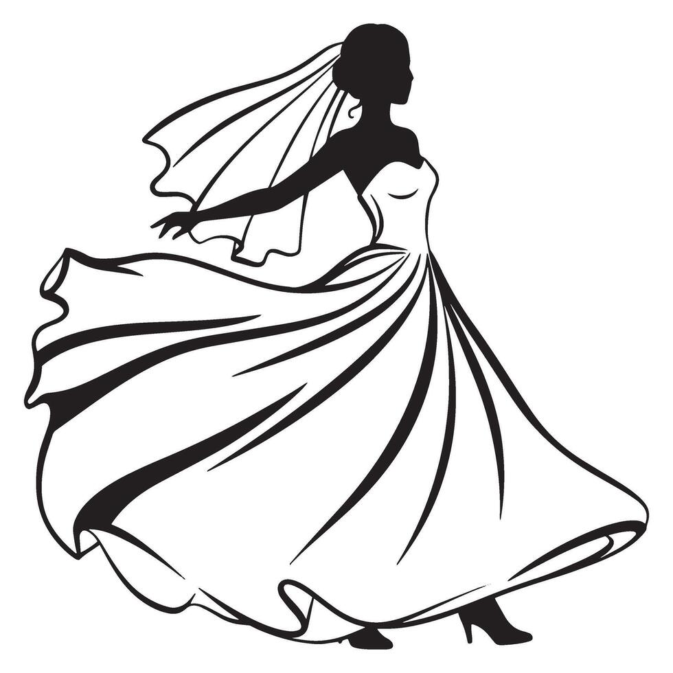 Elegant silhouette of a bride wearing a wedding dress and flowing veil in black and white vector