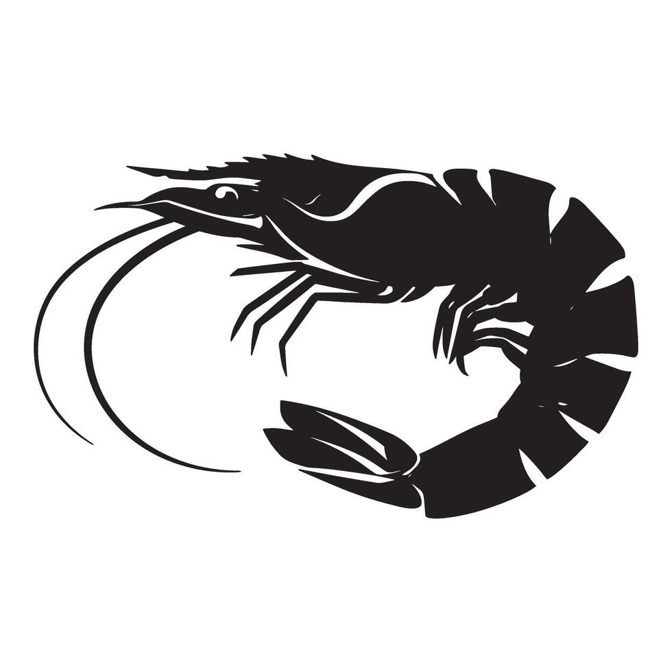 Detailed black silhouette of a shrimp illustrating seafood and culinary themes on white background vector