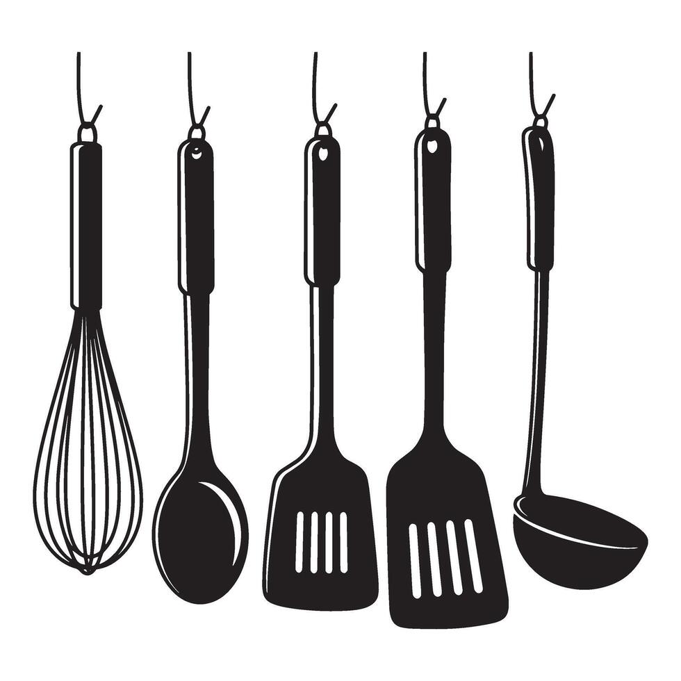Black and white kitchen utensil silhouettes including whisk spoon spatula and ladle design vector