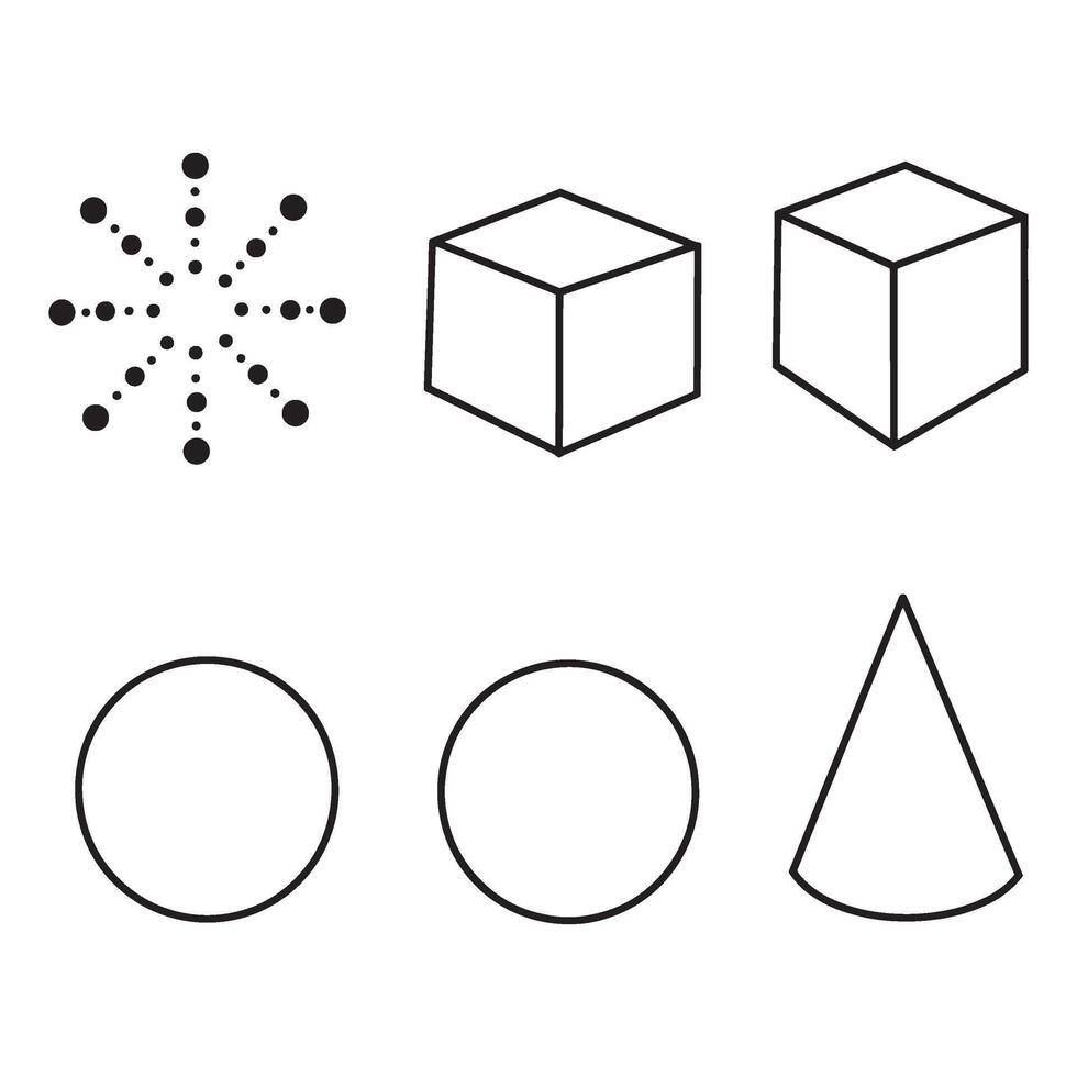 Simple black and white outlined geometric shapes including cubes circles and a cone vector
