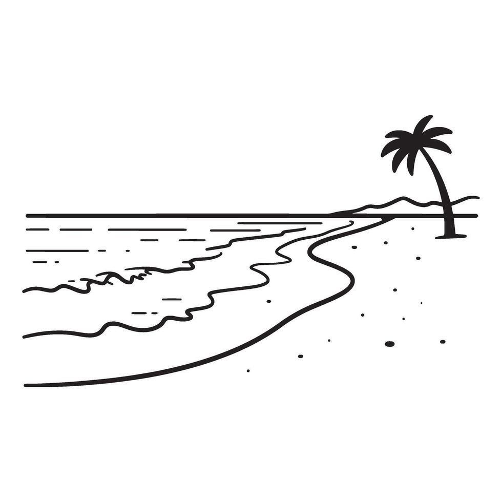 Simple black and white beach scene with palm tree and serene seaside landscape vector