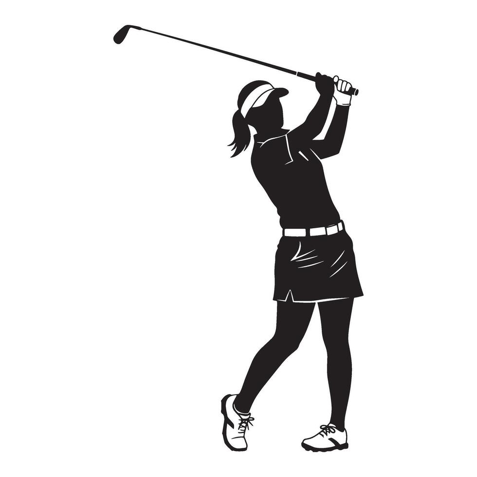 Silhouette of a female golfer in action swinging a golf club on a white background vector