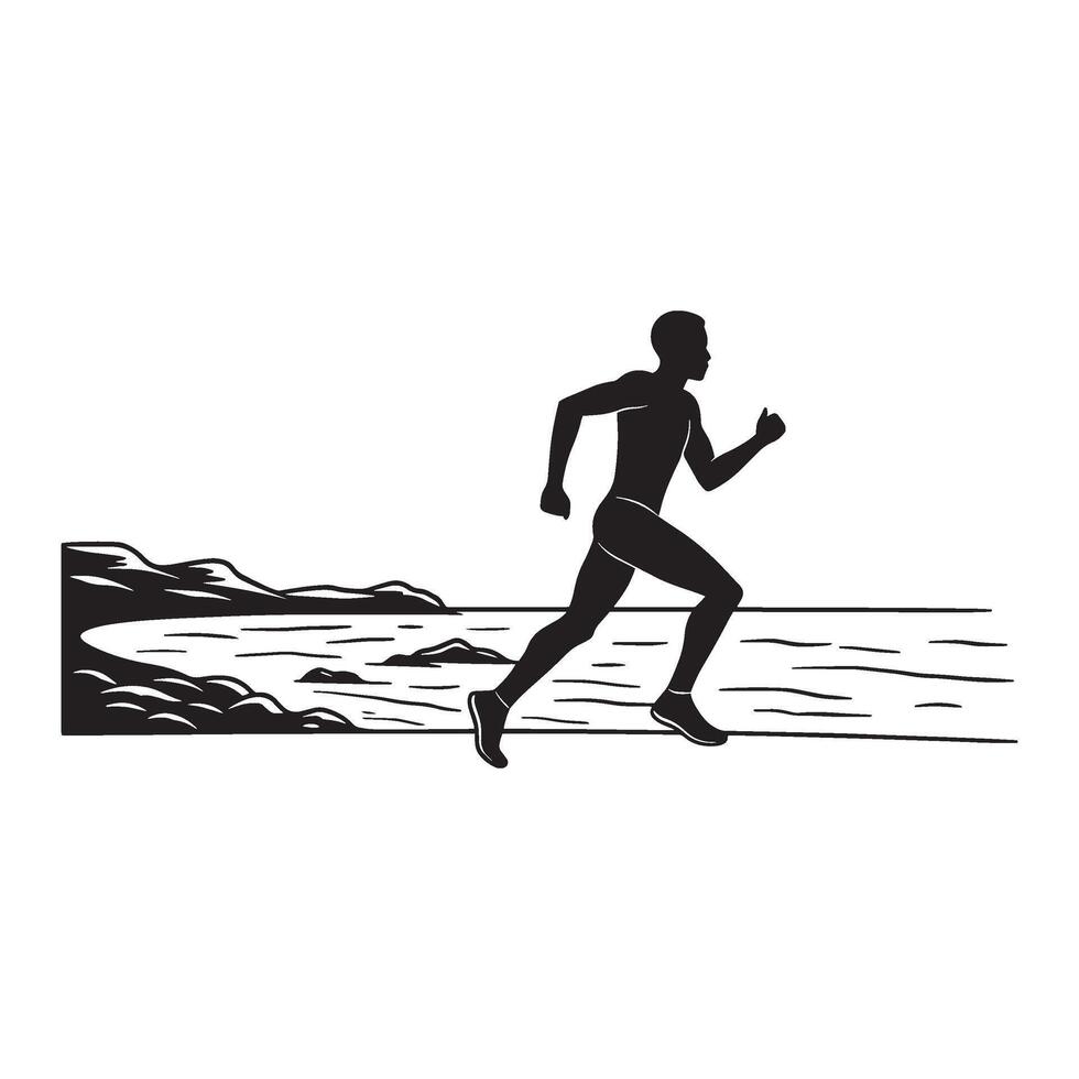 Silhouette of a runner sprinting along a coastal path with water and mountains vector