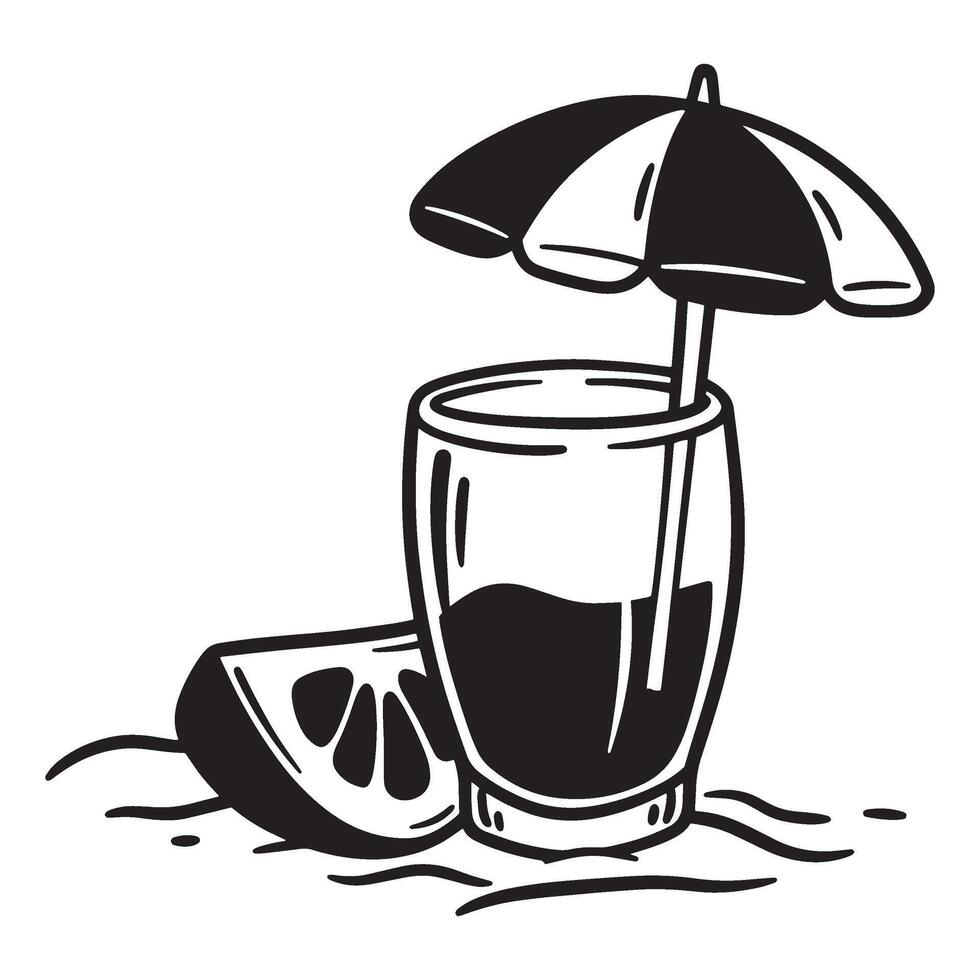 Stylized black and white illustration of a cocktail drink with lemon and umbrella vector
