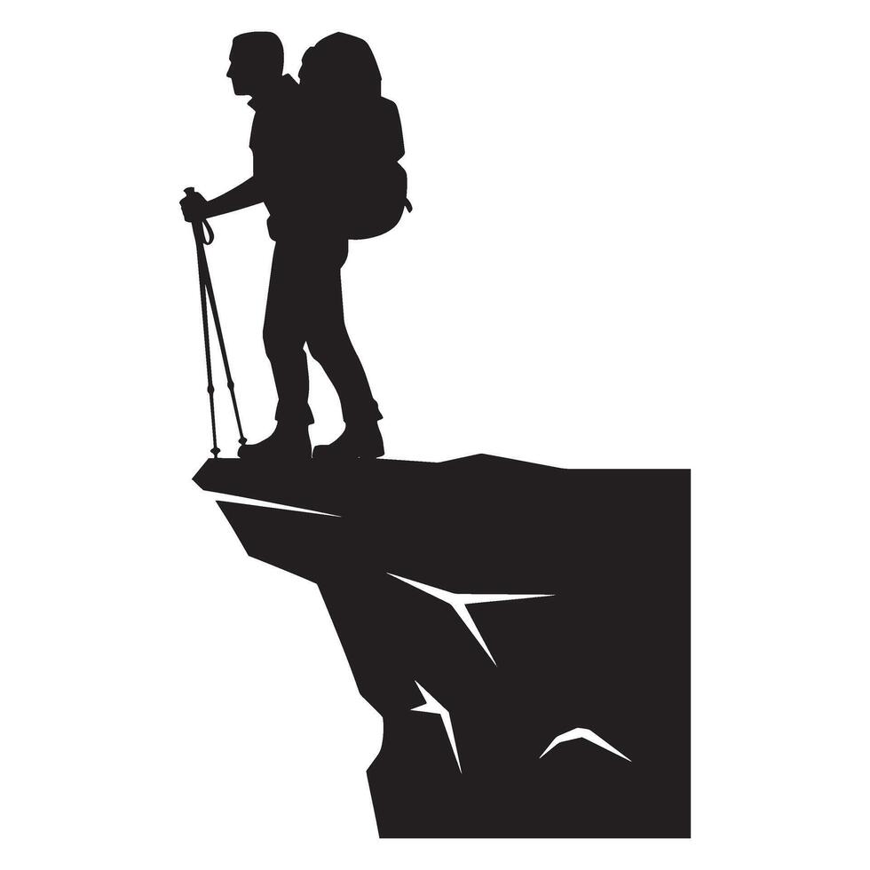 Silhouette of a hiker standing atop a cliff ready to explore the mountains and landscapes vector
