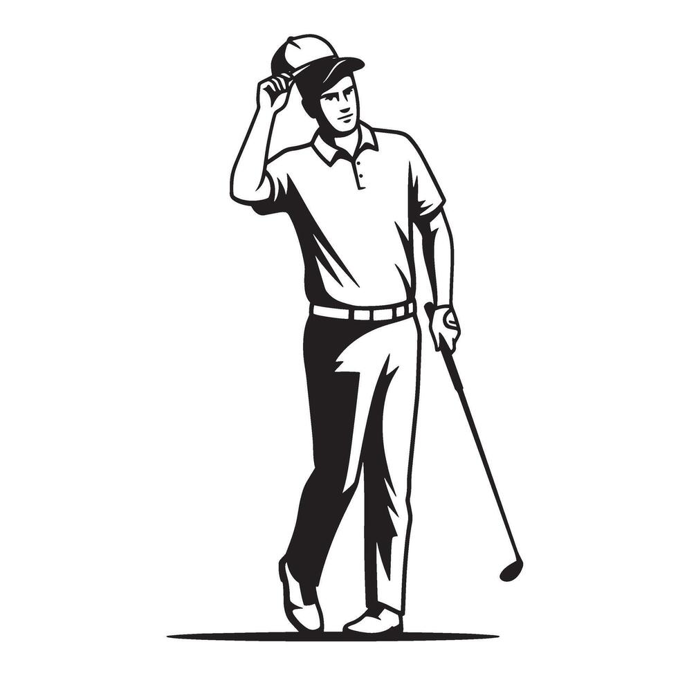 Silhouette illustration of a golfer with cap and golf club standing ready to play vector