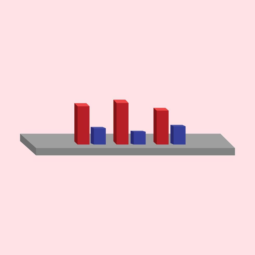 Illustration of a bar chart with red and blue bars on a shelf. diagram bar graph chart isometric icon. A 3D bar chart on a gray platform showing red and blue bars in pairs vector