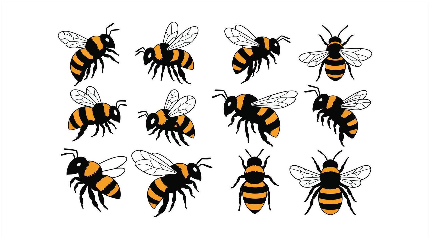 Adorable striped bumblebees and honey bees in flight. Flat illustrations showcasing winged honey bees. vector