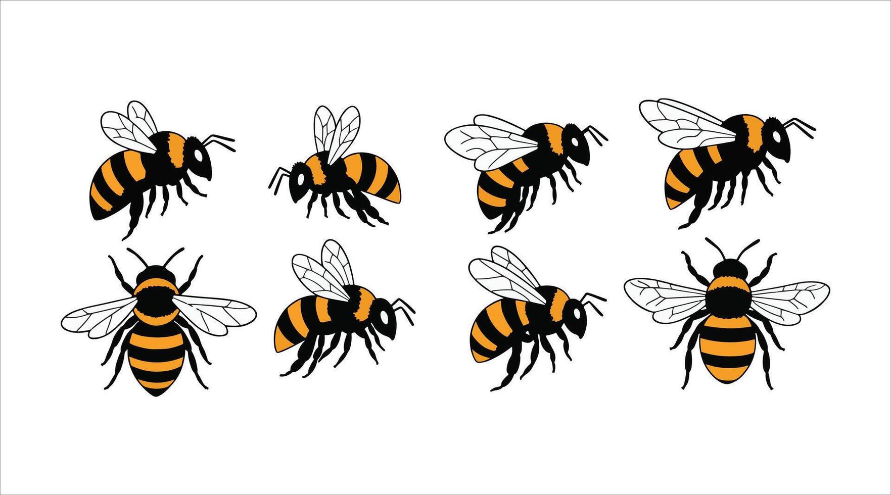Cute striped bumblebees and honey bees buzzing around. A collection of flat illustrations featuring winged honey bees. vector