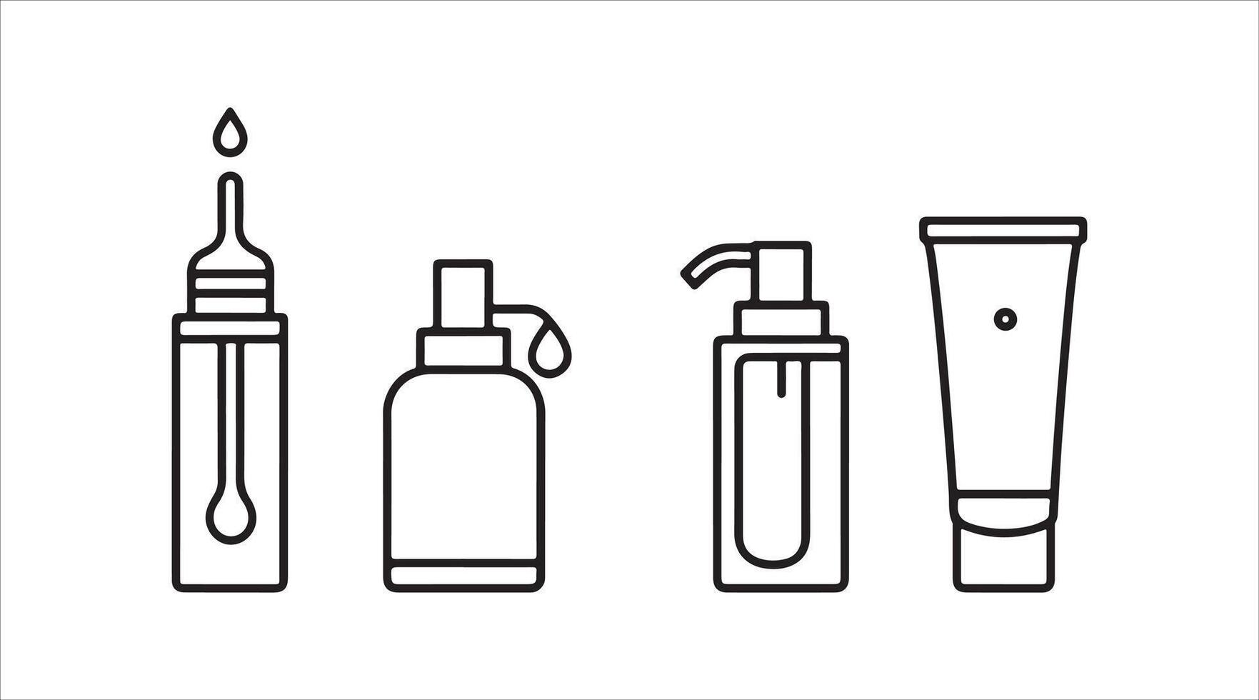 In a line-art style, these cosmetic bottle icons include a serum dropper, mist spray, shampoo bottle, face oil, and squeeze tube, with strokes that are fully editable. vector