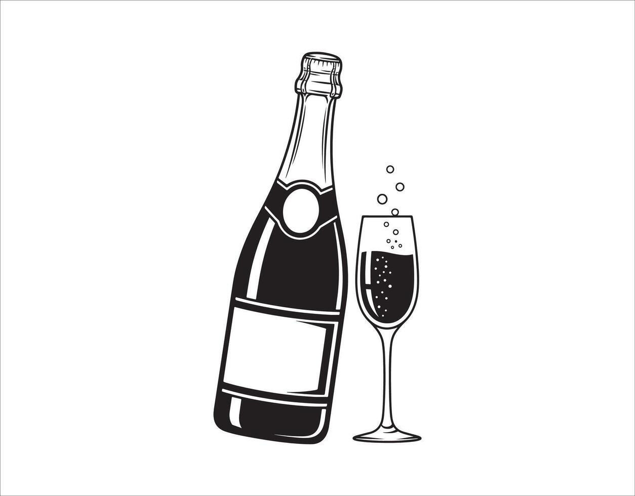 Champagne bottle and glass.Holiday design elements. Black and white icon. vector