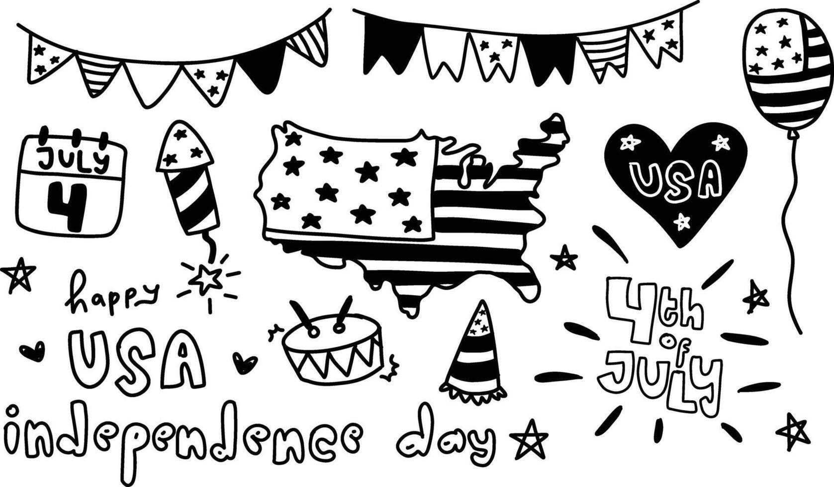 Cute set hand drawn happy 4th of july united states of America national independence day flag doodle black white pattern patriotic theme elements illustration clipart collection vector