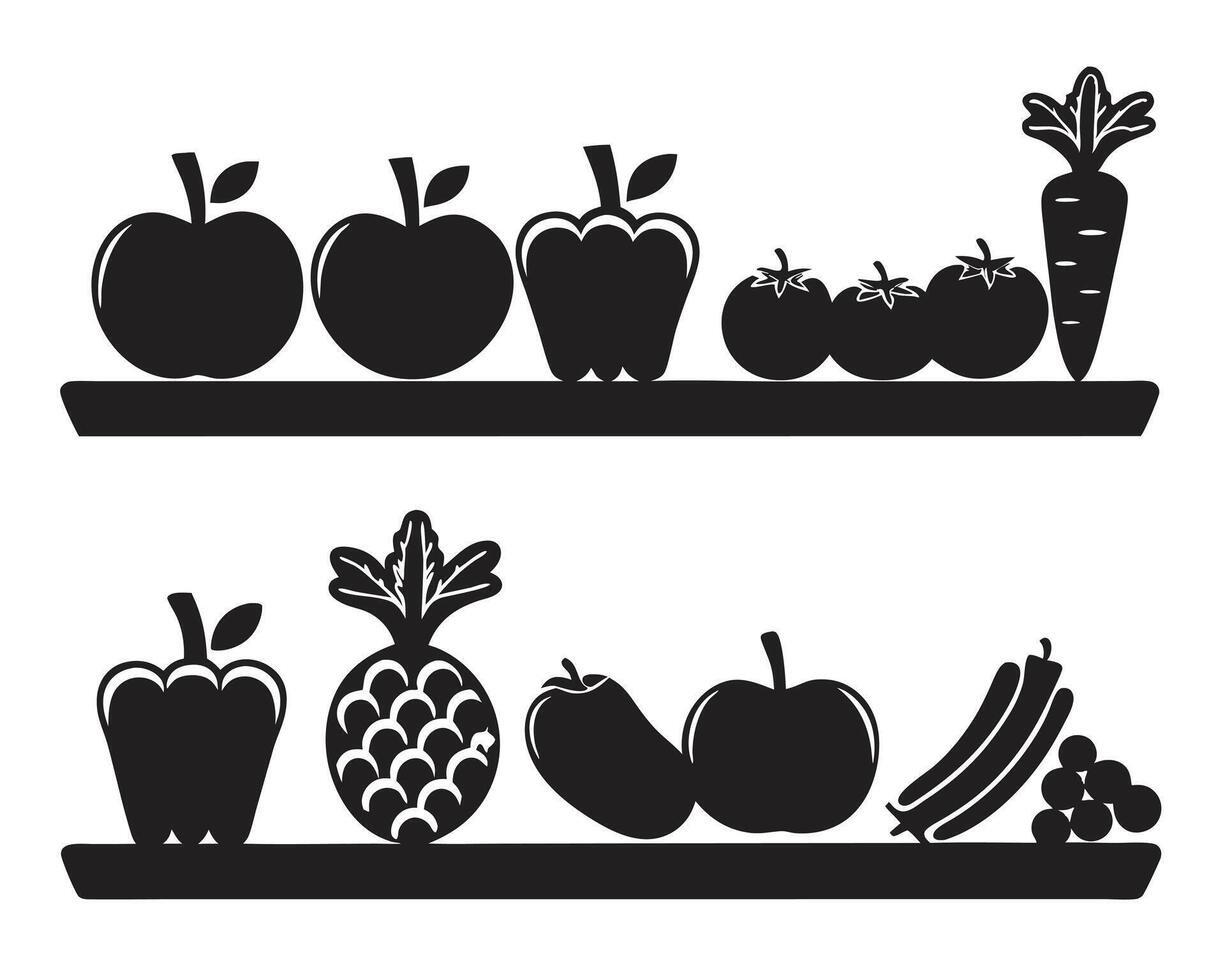 Black and white fruit and vegetable set with pumpkins and apples, a fresh and healthy food illustration vector